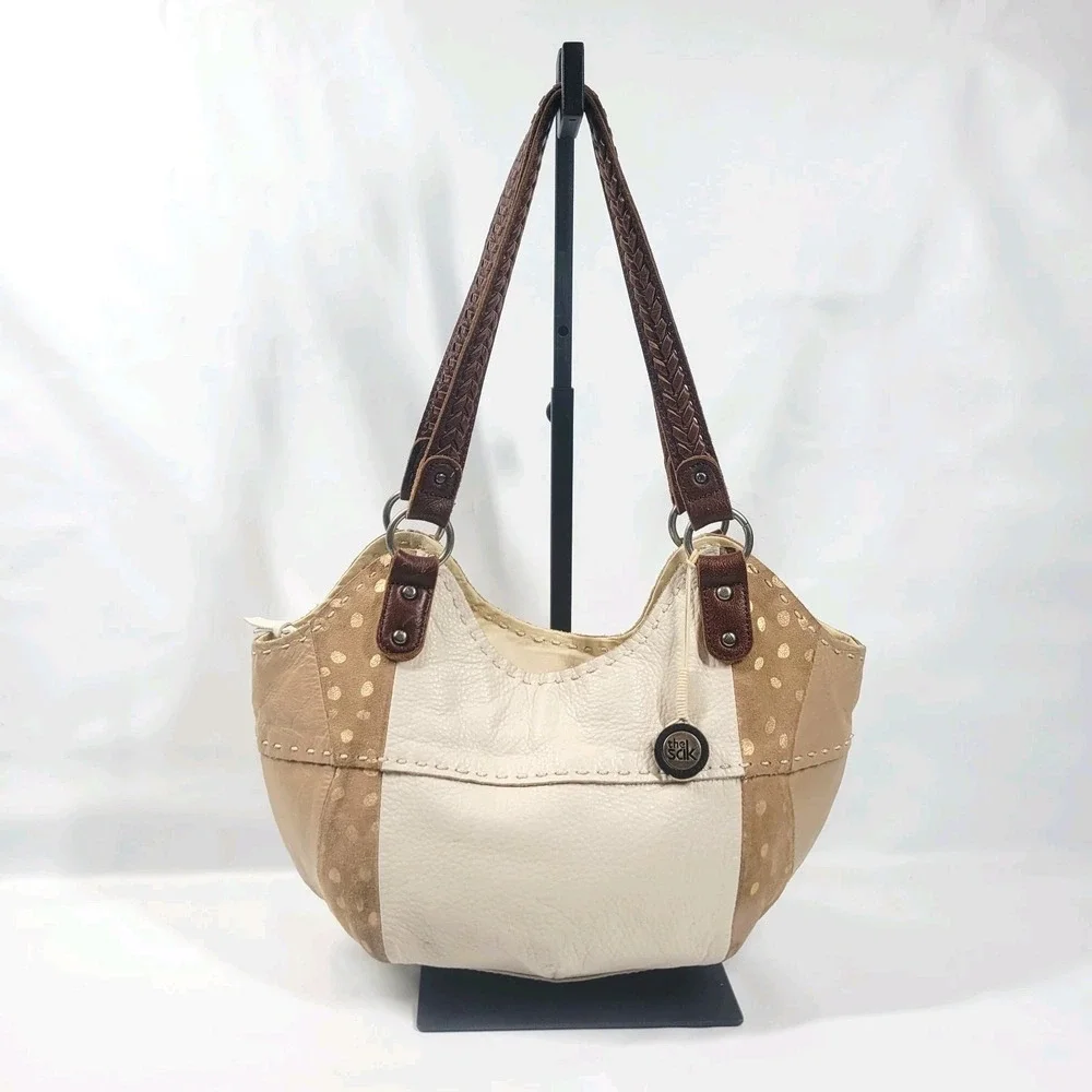 The Sak Vintage Pebbled Leather Hobo Bag Cream And Tan Double Shoulder Straps